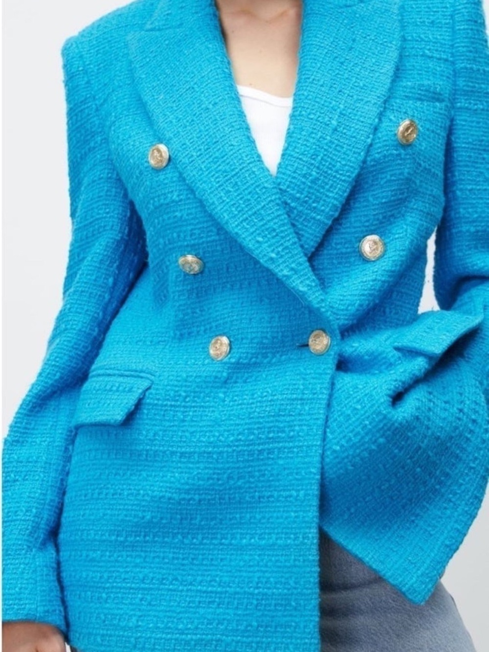 Zara Bright Turquoise Double-Breasted Tweed Blazer